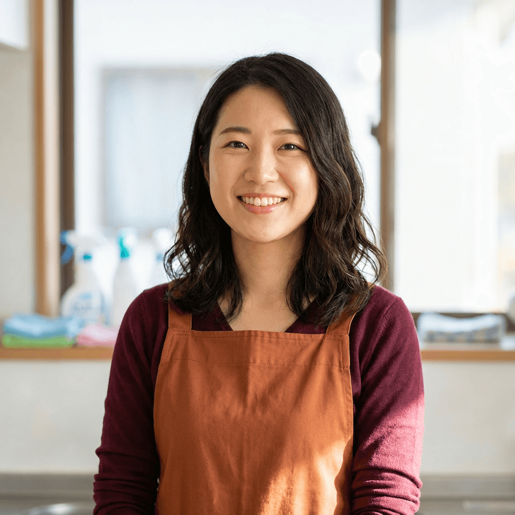 Mei Lin, a woman in her late 20s, in her bright apartment