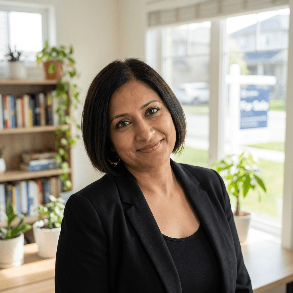 Priya Sharma, a female homeowner in Leslieville, smiling in her living room