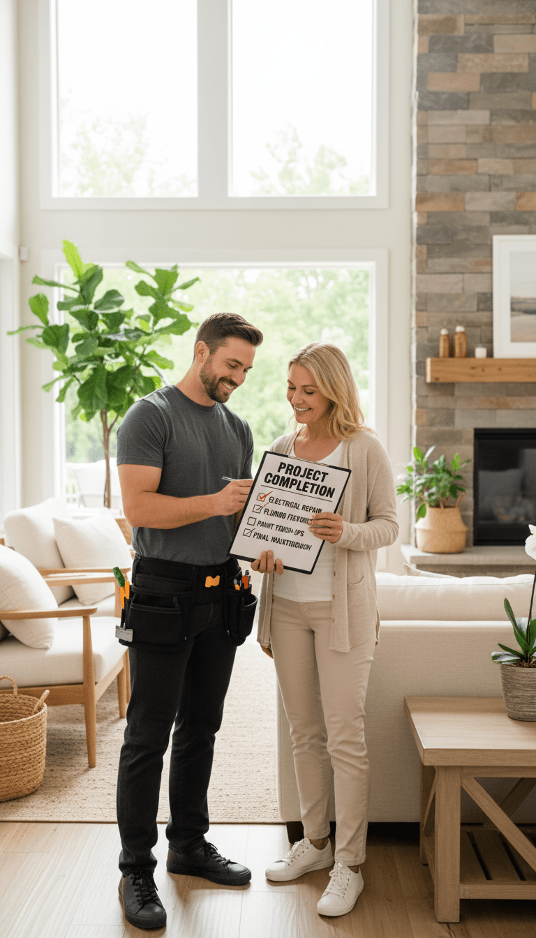 Handyman reviewing a repair checklist with a homeowner in Toronto