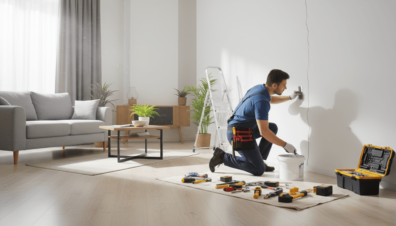 Handyman repairing a wall in a bright Toronto home