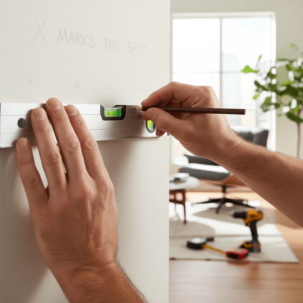 Handyman measuring and marking a wall for shelf installation in a bright residential interior